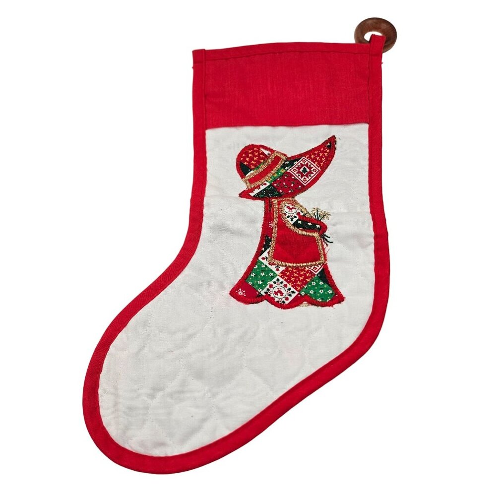 Vintage Quilted Christmas Stocking Patchwork Design Wooden Hanging Ring